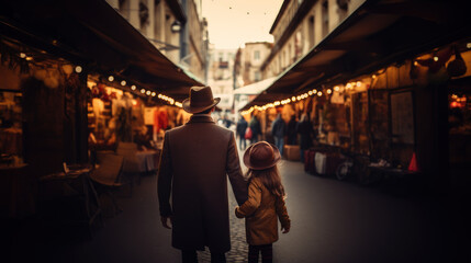 Man holds small girl by hand - child abduction concept - obrazy, fototapety, plakaty