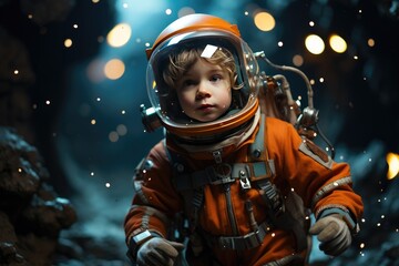 Portrait of boy astronaut in spacesuit. kid cartoon