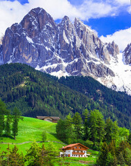 Fototapeta na wymiar Stunning Alpine scenery of breathtaking Dolomites rocks mountains in Italian Alps, South Tyrol, Italy. famous and popular ski resort
