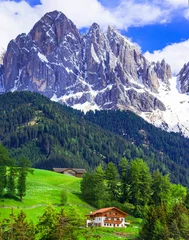 Gordijnen Stunning Alpine scenery of breathtaking Dolomites rocks mountains in Italian Alps, South Tyrol, Italy. famous and popular ski resort © Freesurf