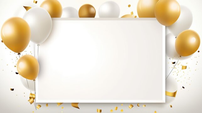 free photos golden yellow balloons and gold foil confetti falling on white background.with box for writing.Generative AI