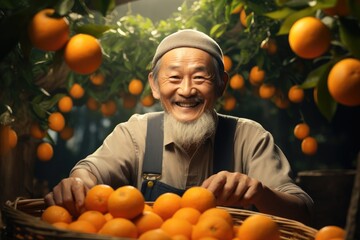 Happy Asian old man selling oranges in the orange garden.