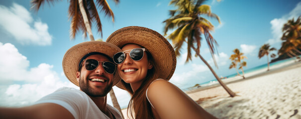 couple de jeunes amoureux qui se prend en photo selfie sur une plage paradisiaque - obrazy, fototapety, plakaty