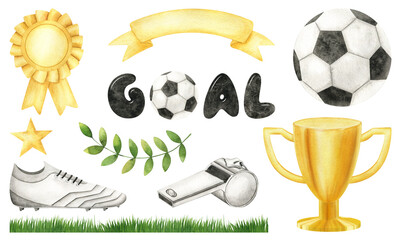Set of Attributes of sports competitions. Golden Cup, Soccer ball, cleat and Laurel. Football match. Watercolor Isolated illustrations. For football club, sporting goods stores, poster postcard design