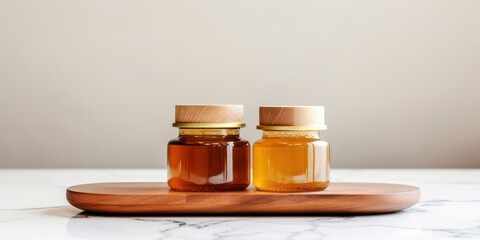 Amber Jars With Wooden Tray On Marble Background. Organic Cosmetic Mockup, Natural Honey For SPA And Massage. Front View, Closeup, Copy Space.