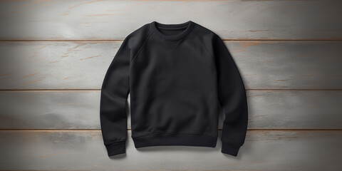 Men Black Sweater On Wooden Background. Man's Casual Apparel. Sweatshirt, Male Clothing.