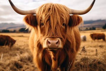 A long haired cow standing in the grass, In the style of dark orange and maroon.