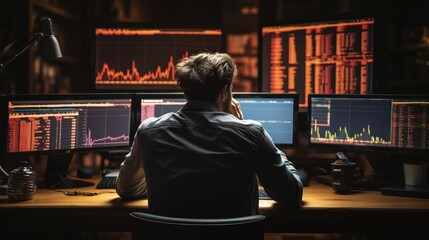 Back View of a Stressed trader stock trader sitting in front of his screens on his desk, Depressed and frustrated in front of his screen with a losing stock chart. - obrazy, fototapety, plakaty