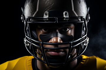 Studio portrait of professional American football player in yellow jersey. Determined, powerful, skilled African American athlete wearing helmet with protective mask. Isolated in black background.