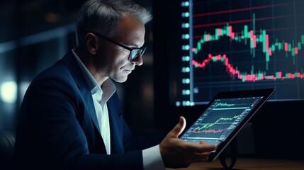 Professional trader examining market trends on a tablet