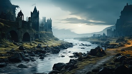 A ruined ancient castle in a misty field on the shores of a raging cold sea. - obrazy, fototapety, plakaty