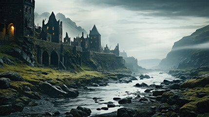 A ruined ancient castle in a misty field on the shores of a raging cold sea.