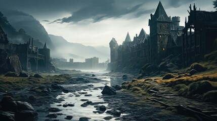 A ruined ancient castle in a misty field on the shores of a raging cold sea.