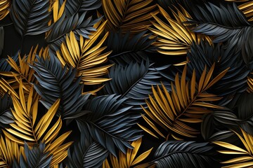 seamless pattern with gold and black tropical palm leaves on dark background. Generative AI