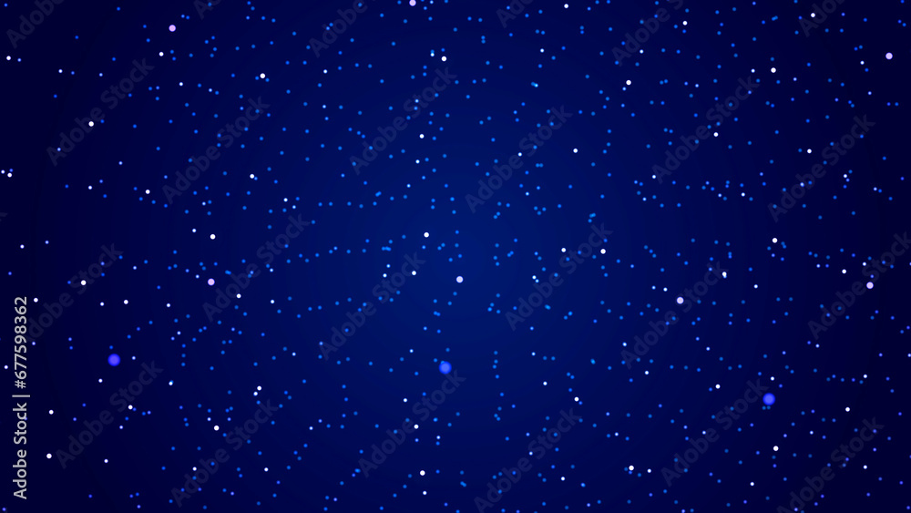 Poster Abstract flow of luminous particles on dark background. Movement of colored dots. Big data. 3D rendering. Widescreen