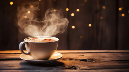 Obraz premium A steaming cup of coffee with a heart-shaped foam on a wooden table