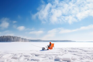 A man on the ice is fishing. One fisherman on a frozen river.enjoys nature, recreation. Active, healthy lifestyle in winter. Vacation, weekend.