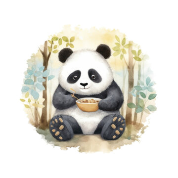 illustration little panda eating from bowl among bamboos playful drawing for nursery art and children's picture books, watercolor illustration