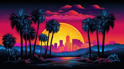 Postcard of California, palms and buildings at sunset. Neon style