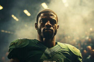 Close-up of professional American football player without helmet. Determined, powerful, skilled African American athlete preparing to win the game. Smoke and dramatic light in blurred background.