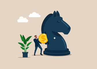 Businessman put coin on horse chess. Bribe. Business competition concept. Modern vector illustration in flat style