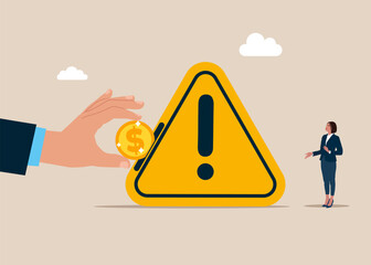 Businessman put coin on exclamation points. Bribe. Solving problem, identify risk or critical failure concept. Flat vector illustration - obrazy, fototapety, plakaty