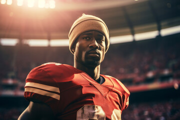 Portrait of professional brutal American football player without helmet against the backdrop of stadium stand. Determined, powerful, confident African American athlete preparing to win the game.