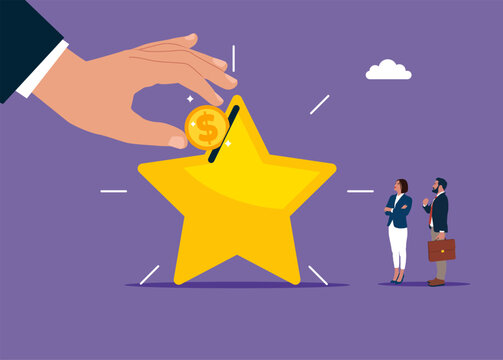 Big hand put coin on big star value. Reward and Motivation Ideas. Flat vector illustration.