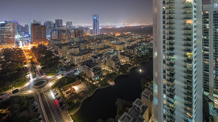 Panorama showing skyscrapers in Barsha Heights district and low rise buildings in Greens district...