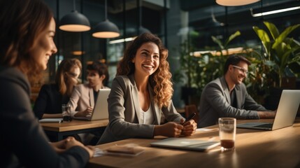 A diverse group of smiling and motivated employees gathered conference in a collaborative workspace, The employees are engaged in meaningful discussions.