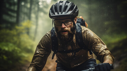 Fototapeta premium Close up Male cyclist with professional racing sports gear riding on an open road cycling route through a forest