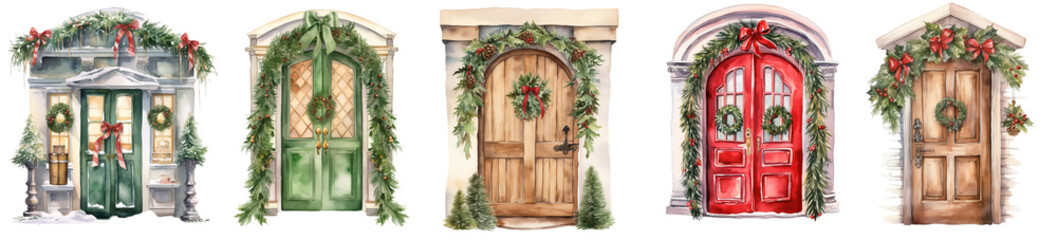 Fototapeta na wymiar Watercolor doors with Christmas decorations illustration. 