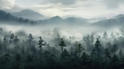 Fototapete Wald im Nebel summer scene fog panorama fog illustration nature tree, grass clouds, forest sun summer scene fog panorama fog
