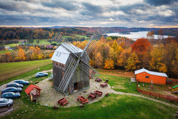 Autumnal landscape of Kashubian windmill, lakes and forests, Poland - obrazy, fototapety, plakaty