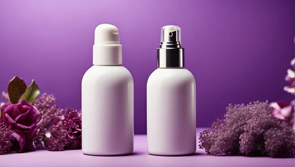 Obraz na płótnie Canvas Plain white cosmetic bottle on decoration purple background. Mock up