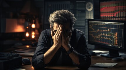 A man sitting at his desk holds his head in his hands, He is sad because Bitcoin is losing value.