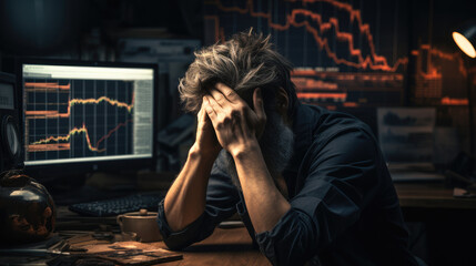 A man sitting at his desk holds his head in his hands, He is sad because Bitcoin is losing value. - obrazy, fototapety, plakaty