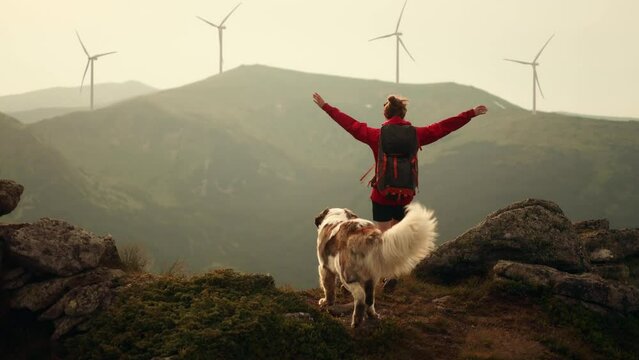 Young girl with saint Bernard dog on top of mountains raises arms into air and enjoying nature with wind turbine power station environmental engineering renewable energy on background