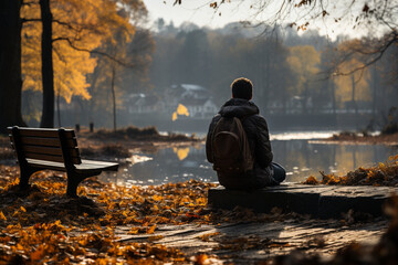 person sitting on bench in park in autumn