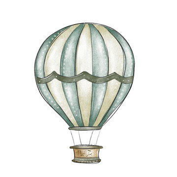 Watercolor Air Balloon . Hand painted illustration for Children design in Cartoon style. Vintage Aircraft with hot air for icon or logo in pastel colors