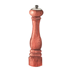 Obraz na płótnie Canvas Watercolor wooden pepper grinder mill on white background
