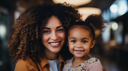 Retrato de madre joven con hija pequeña en la naturaleza otoñal al atardecer sonriendo y abrazándose. - obrazy, fototapety, plakaty
