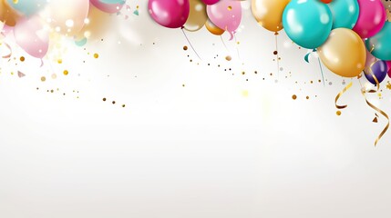 free photos Colorful balloons and falling foil confetti on white background for writing space.Generative AI