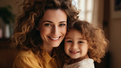 Retrato de madre joven con hija pequeña en la naturaleza otoñal al atardecer sonriendo y abrazándose. - obrazy, fototapety, plakaty