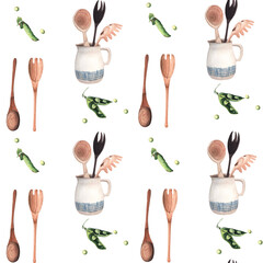  Pattern with kitchen utensils on a white background
