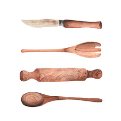 Watercolor composition with kitchen utensils