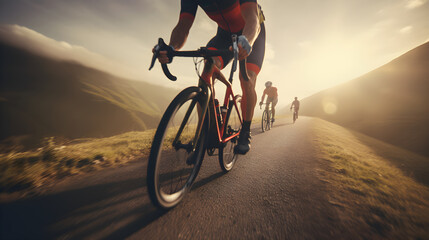 Close up group of cyclists with professional racing sports gear riding on an open road cycling route