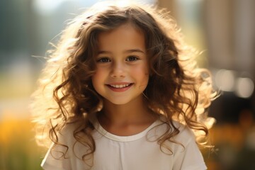 Fototapeta premium Portrait of a cheerful child girl in park.