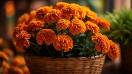 Obraz na płótnie Canvas Beautiful bouquet of marigold flowers in a wicker basket. Mother's Day Concept. Valentine's Day Concept with a Copy Space. Springtime.
