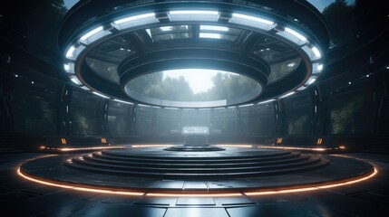 Circular stage open air venue, Spotlights, Overall bright.